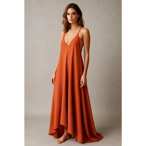 Dress Forum Rust Flowy Satin Maxi Dress Sleeveless Deep V Size M NWT